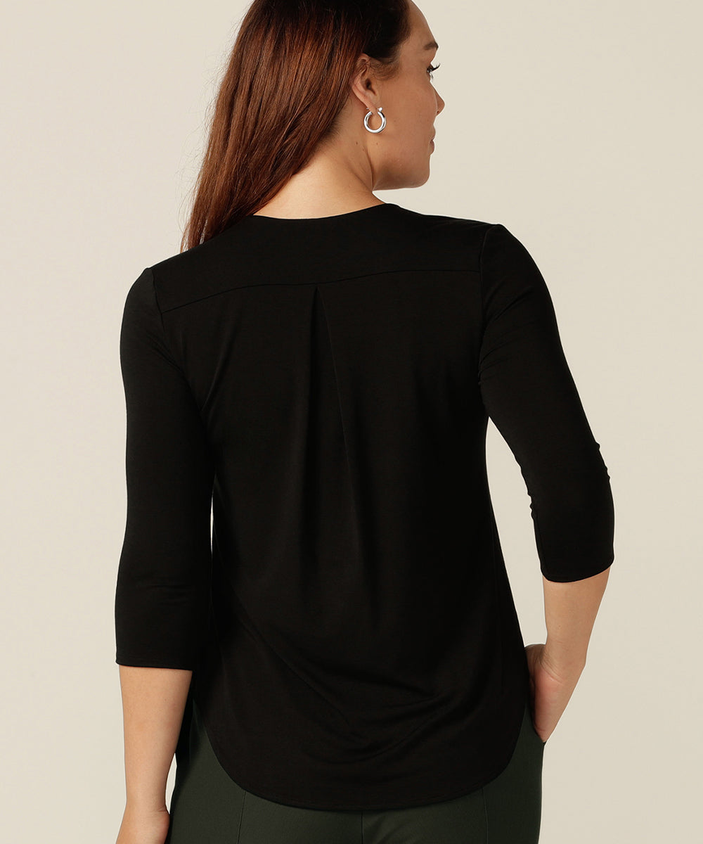 Flattering tailored top with 3/4 sleeves and v-neckline.