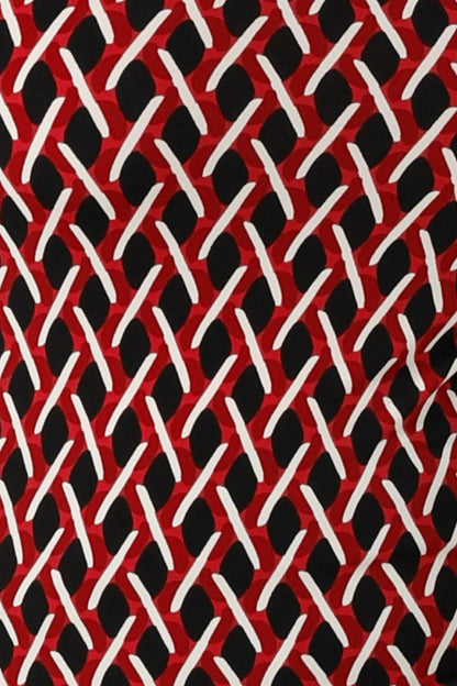 Chevron Geometric print fabric with a red base colour. Made in Australia for women size 8 to 24. Jersey fabric