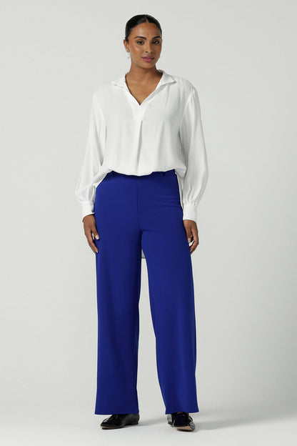 The Drew Pant in Cobalt Scuba Crepe with a wide leg Cobalt pant with a high waist that can be worn with the matching Blazer. Comfortable and easy care suit set for women. Size 8-24. 