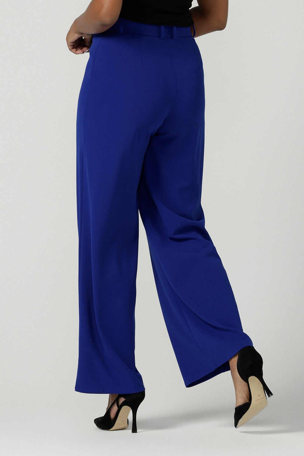 Back view of the Drew Pant in Cobalt Scuba Crepe with a wide leg Cobalt pant with a high waist that can be worn with the matching Blazer. Comfortable and easy care suit set for women. Size 8-24.