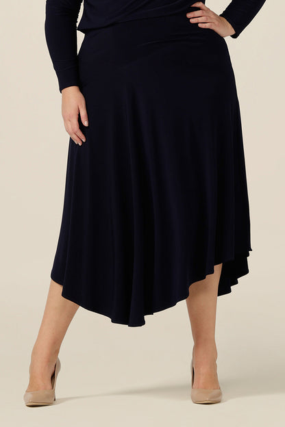 A pull-on skirt with asymmetric, midi-length hem. Made in Australia, shop online in an inclusive 8 to 24 size range. 