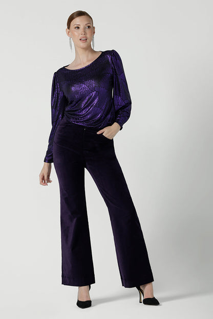 The Jonas pant in Purple Velveteen is a kick flare pant made in purple velveteen fabric. Cocktail pant suit sets. Made in Australia for women size 8 - 24.