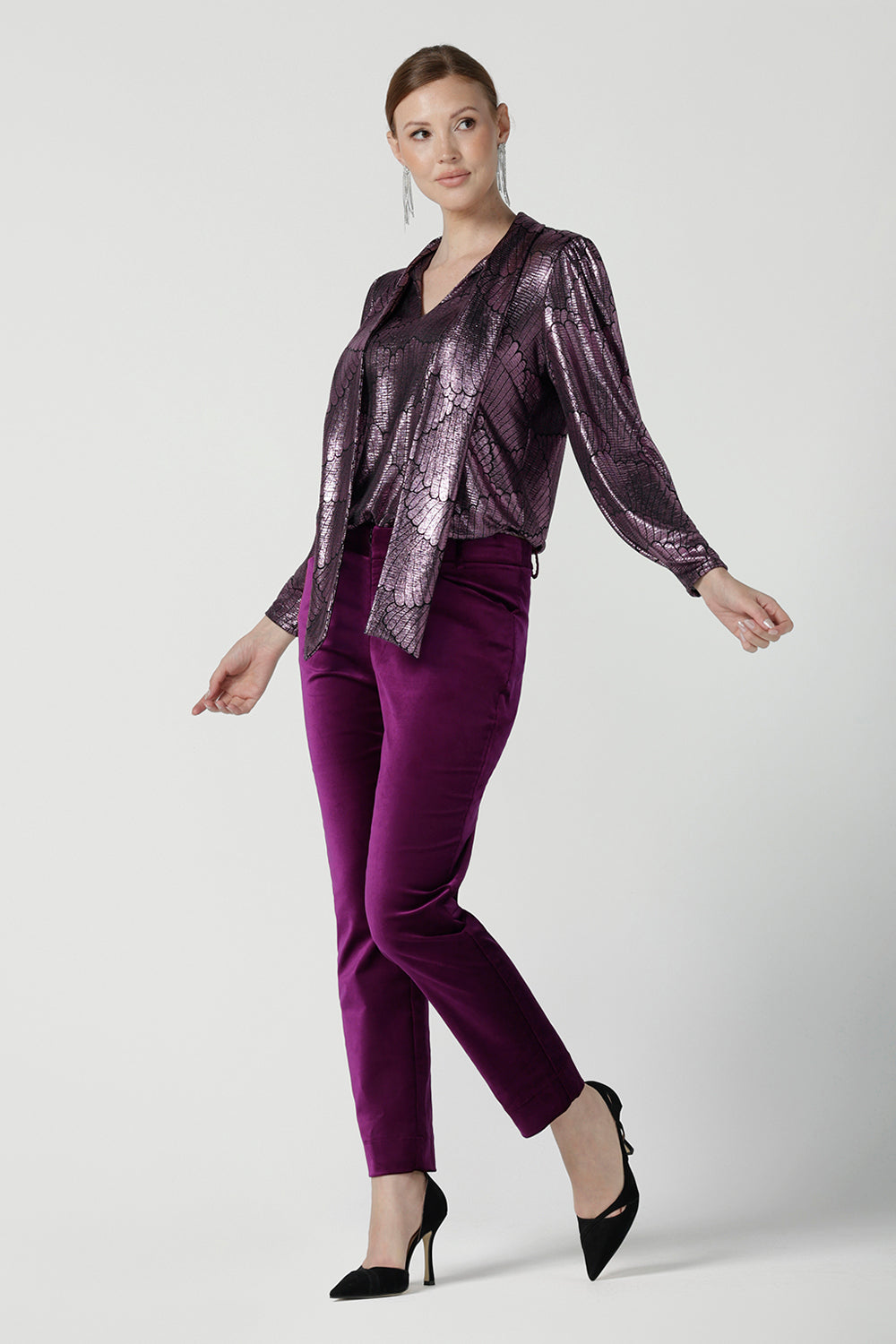  A size 10 woman wears the Keaton Pant in Magenta. Cocktail suit sets for women. Made in Australia for women size 8 - 24. For petite to plus size women made in Australia.