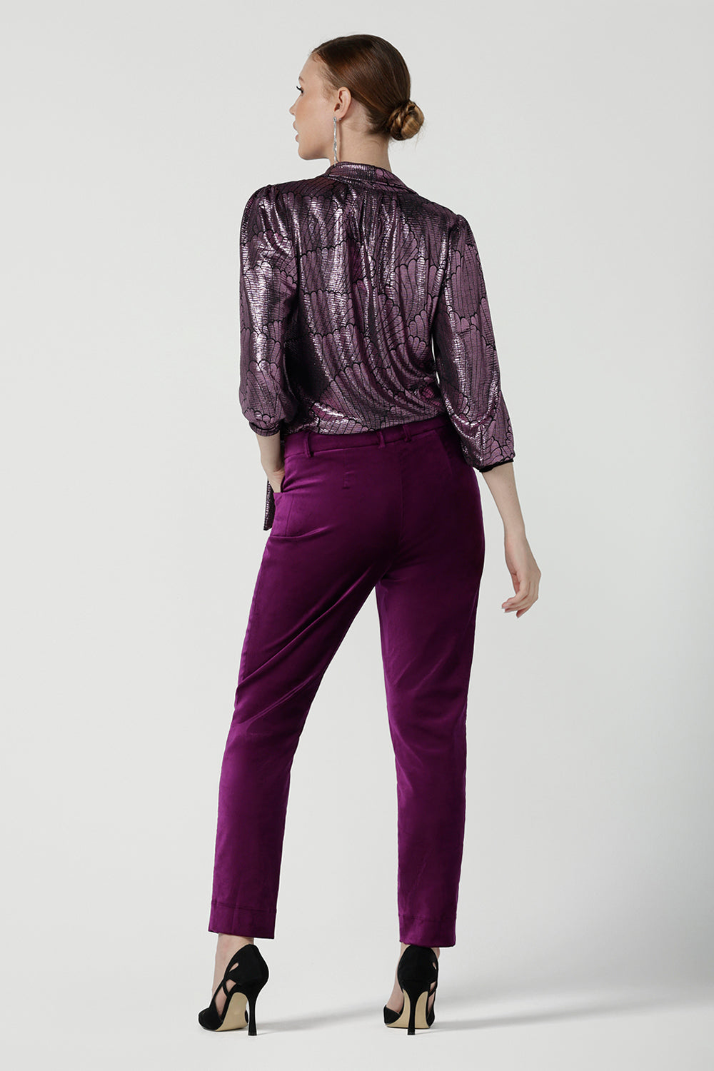 Back view of a size 10 woman wears the Keaton Pant in Magenta. Cocktail suit sets for women. Made in Australia for women size 8 - 24. For petite to plus size women made in Australia.