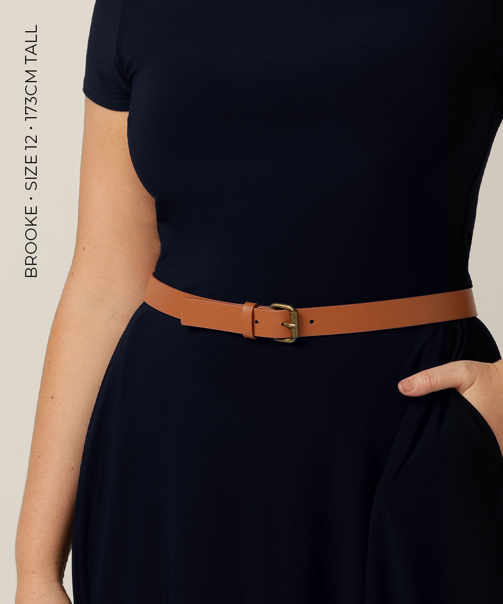 tan stretchy belt with leatherette and brass buckle - waist high, thin belt 