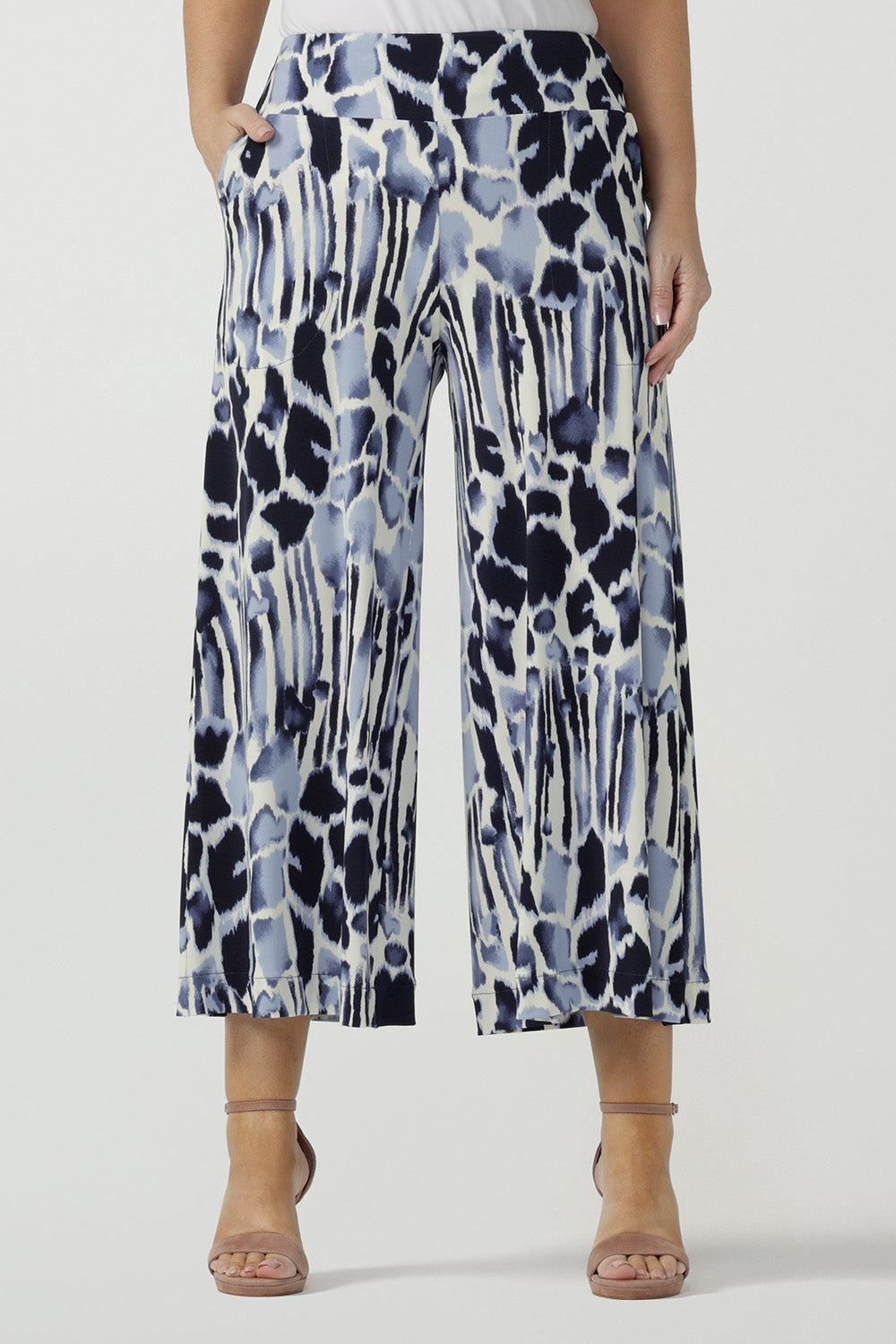 Cropped length, wide leg culotte pants in navy blue and white print. Australian-made, these quality pants are easy care and comfortable for petite to plus size women - shop for your curves in sizes 8 to 24 at Leina & Fleur's online store!