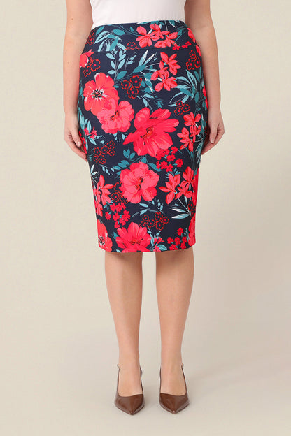 Good work wear for plus size women, a knee-length tube skirt in floral print. Made in Australia, shop this work skirt online in sizes 8 to 24.