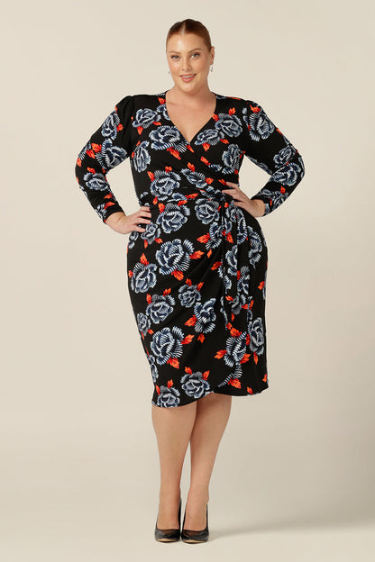 A great work dress, this is a long sleeve wrap dress with tulip skirt by Australian and New Zealand women's clothing label, L&F. Worn by a fuller figure woman, this jersey wrap dress is available in inclusive sizes, 8 to 24. 