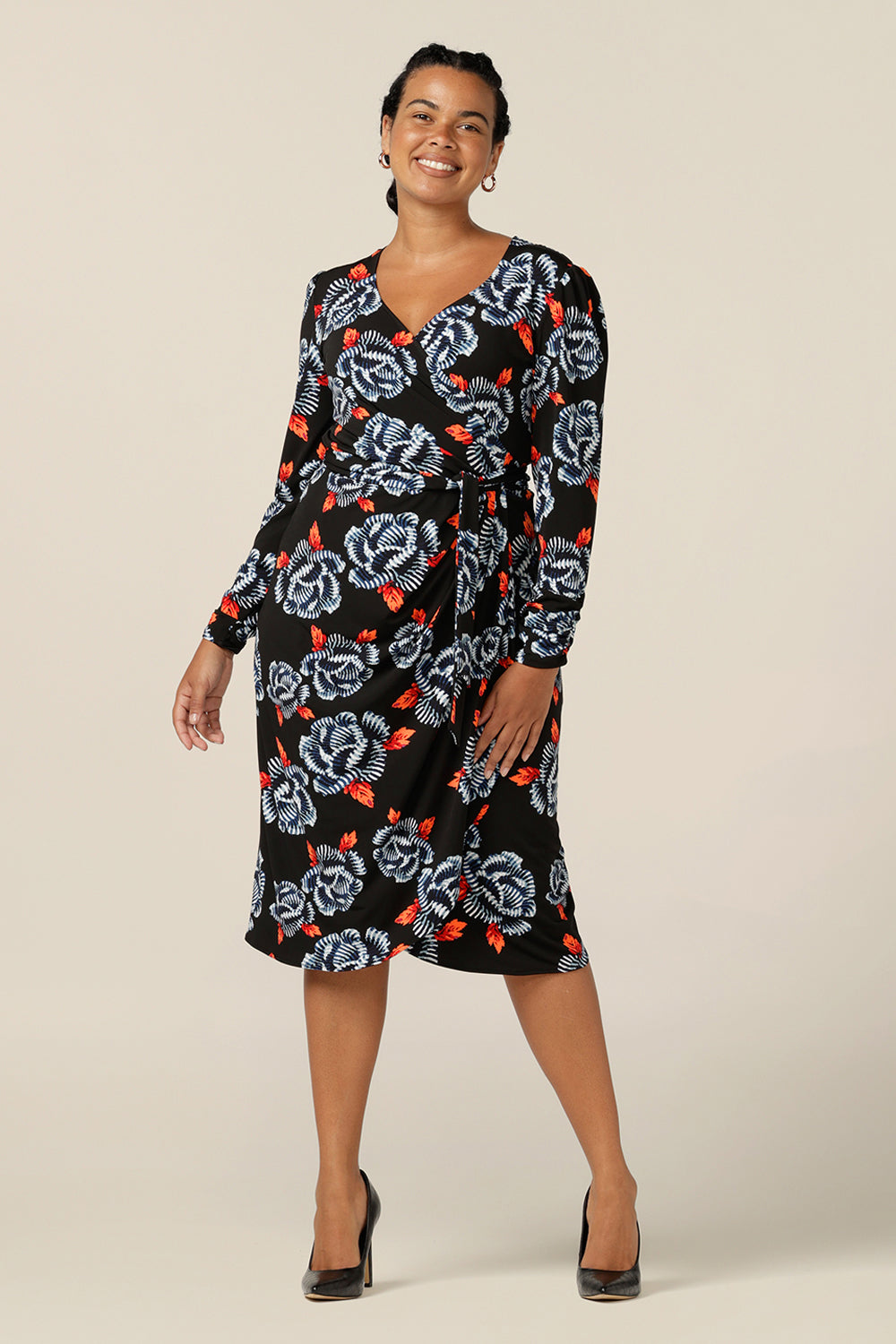 A jersey wrap dress crafted with Australian-made expertise, this wrap dress features ruched details, flattering tulip skirt and long sleeves. Designed for women in sizes 8 to 24, this dress is good for work wear and smart-casual style.