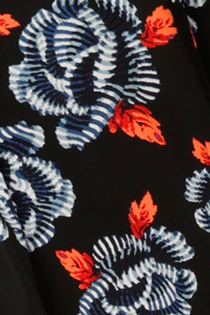 Blue and orange floral print on a black, dry-touch jersey base, this is swatch of Australian and New Zealand women's clothing label, L&F's Ikebana fancri used to create a range of workwear skirts, tops and dresses.