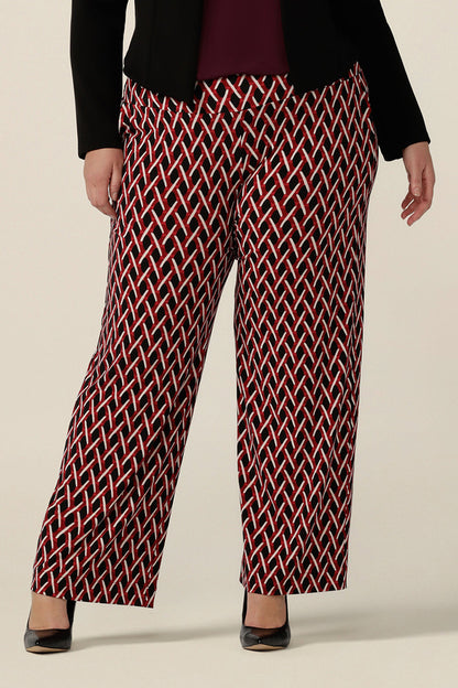 Good pants for plus size women, these geometric print pants are straight cut , wide leg trousers with a wide, pull-on waistband. Made in Australia by Australian fashion brand, Leina & Fleur, shop online now in sizes 8 to 24.