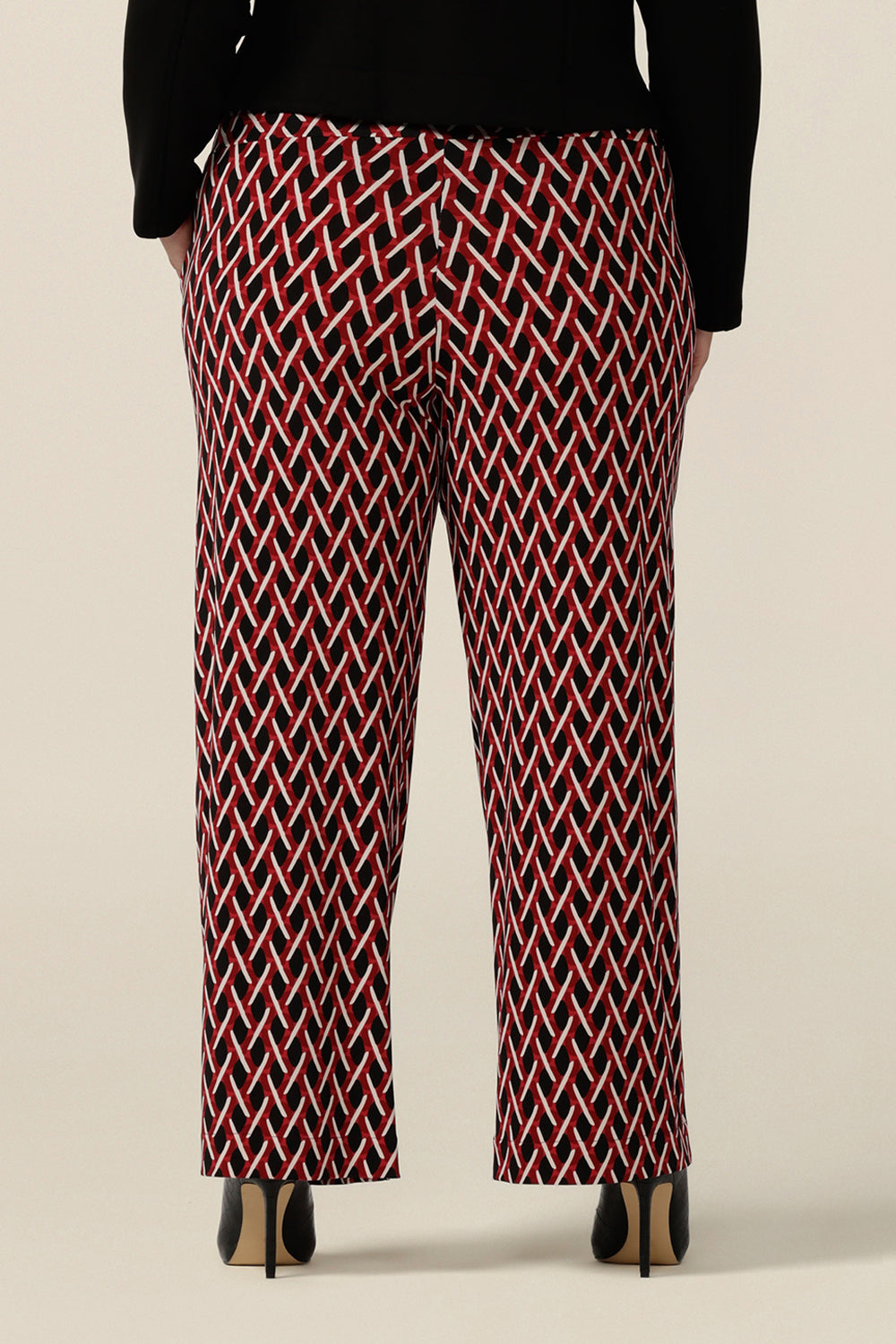 Back view of good pants for plus size women, these geometric print pants are straight cut , wide leg trousers with a wide, pull-on waistband. Made in Australia by Australian fashion brand, Leina & Fleur, shop online now in sizes 8 to 24.