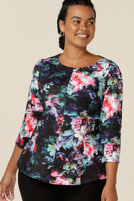 A soft tailoring top, by Australian and New Zealand women's clothing brand, L&F, the Saxon Top has a round neckline, 3/4 sleeves and tailored panelling. The stretch scuba fabric makes it a comfortable workwear top for sizes 8 to sizes 24. Shop now with free shipping to New Zealand.