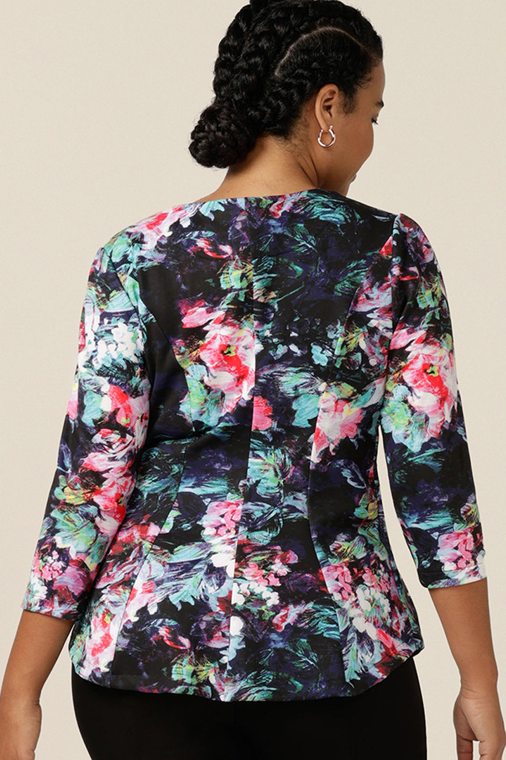Back view of a soft tailoring top, by Australian and New Zealand women's clothing label, L&F, the Saxon Top has a round neckline, 3/4 sleeves and tailored panelling. The stretch scuba fabric makes it a comfortable work top for sizes 8 to sizes 24. Shop now with free shipping to New Zealand.