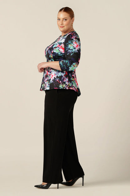 a soft tailoring top, by Australian and New Zealand women's clothing brand, L&F, the Saxon Top has a round neckline, 3/4 sleeves and tailored panelling. Worn with straight, wide leg black trousers, this top is a good top for work and corporate wear. Shop now with free shipping to New Zealand.