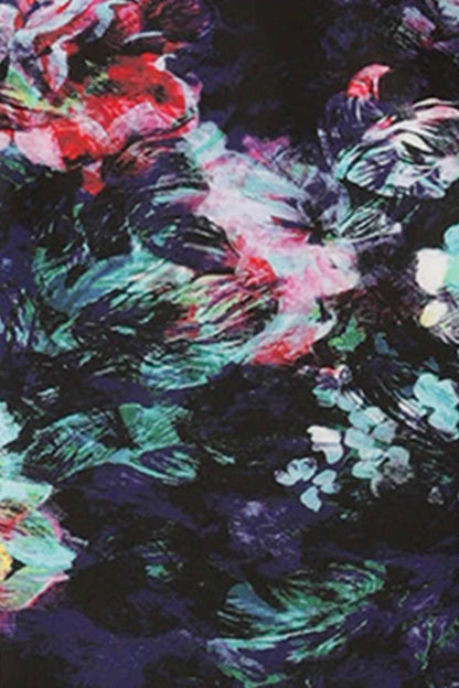 fabric swatch of scuba fabric with digital print in a floral abstract design used by Australian and New Zealand women's clothing brand, L&F to make a range of soft tailoring work wear tops and jackets.