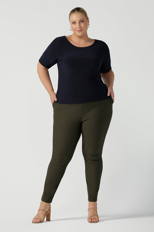 Slim leg ponte pants for workwear. Curvy workwear for women, size inclusive 8-24 womens work pants. Olive green colour with cropped leg. Comfortable work pants. 