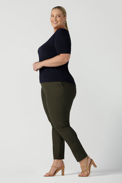 Slim leg ponte pants for workwear. Curvy workwear for women, size inclusive 8-24 womens work pants. Olive green colour with cropped leg. Comfortable work pants.